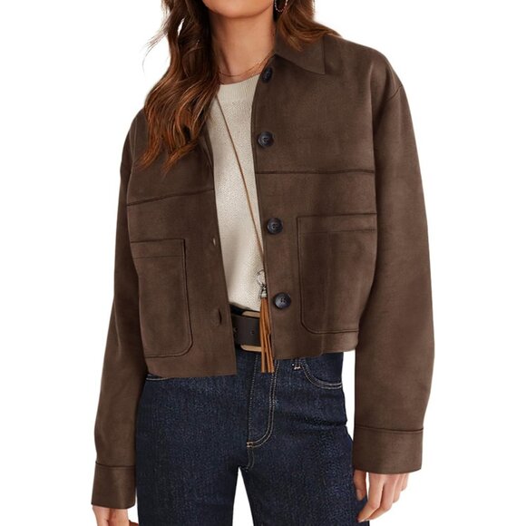 Jackets & Blazers - Women's Dark Brown Faux Suede Cropped Jacket Casual Lightweight Fall Fashion